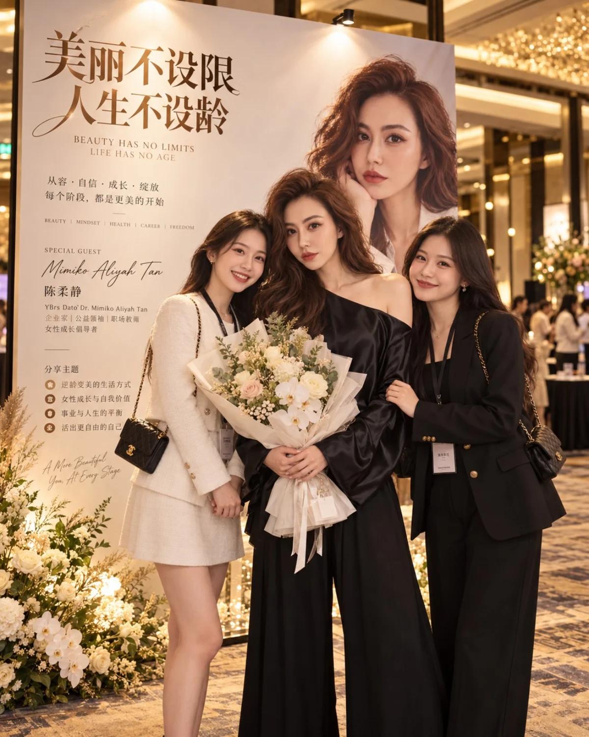 来宾合影与花束，AI 模拟场景