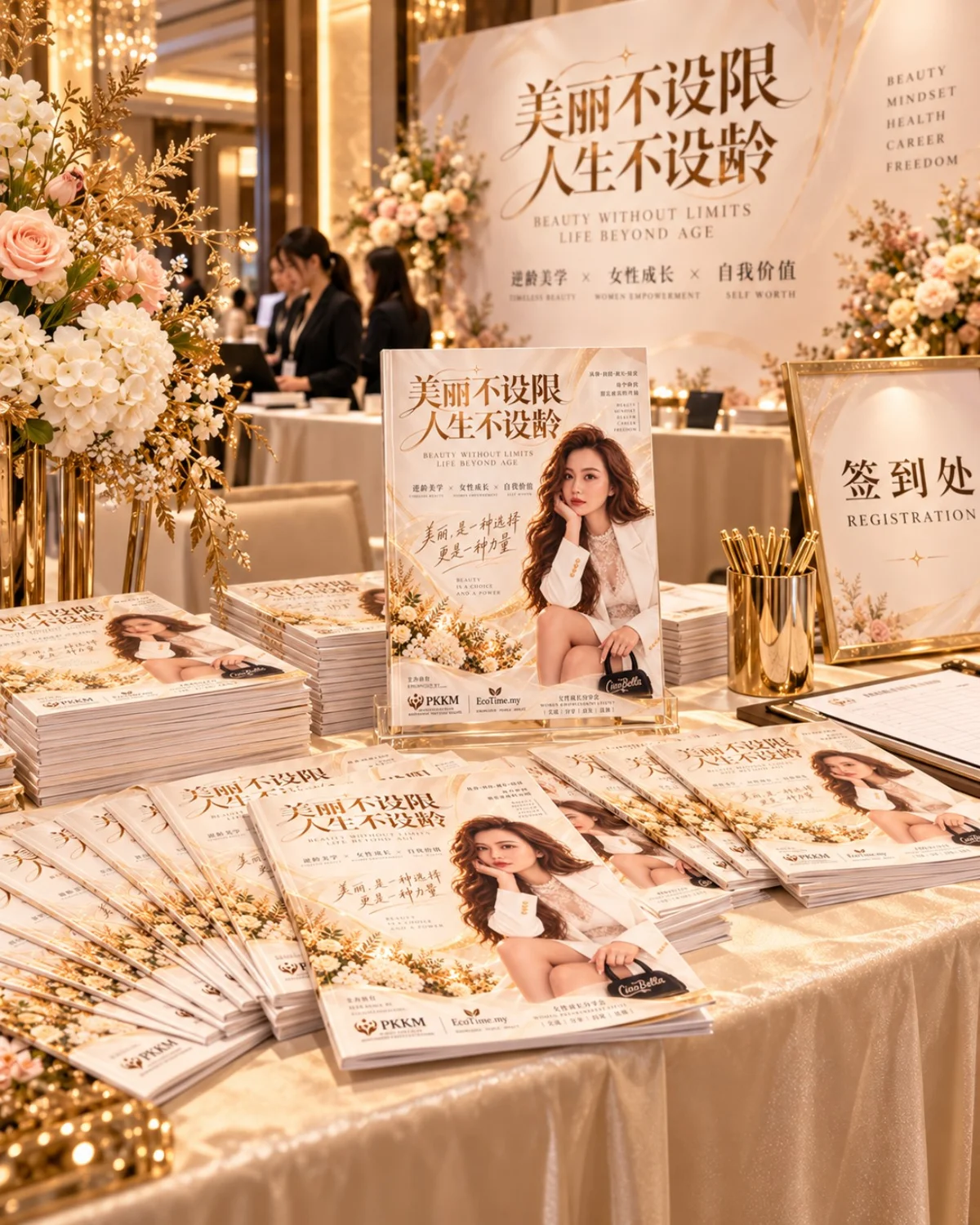 活动手册及签到区展示，AI 模拟场景