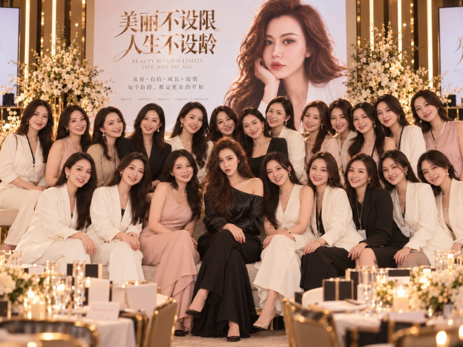 女性嘉宾集体合影，AI 模拟场景